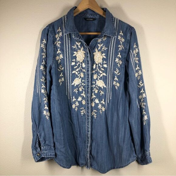 Driftwood Auger Falls Floral Embroidered Chambray Denim Button Up Shirt Small - Picture 1 of 7